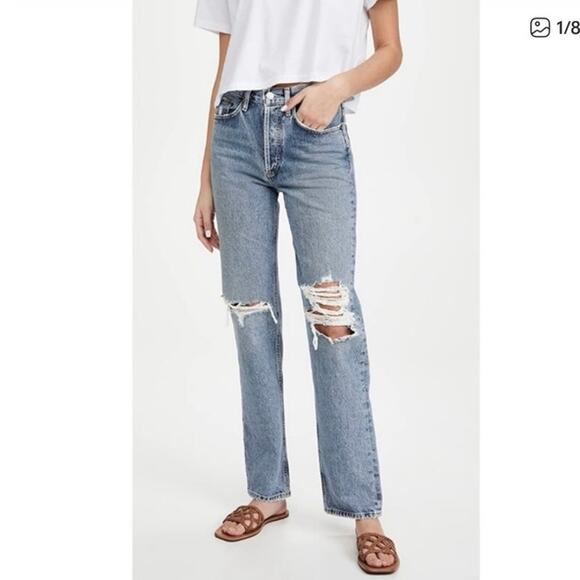 NWT Agolde Lana Mid-Rise Vintage Straight Jean Button Fly In Backdrop Size 24 - Picture 1 of 10
